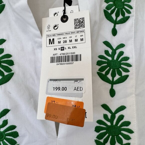 White Green Embroidered Cotton Kaftan Tunic Mini DRESS from ZARA Size Medium New - Picture 9 of 11